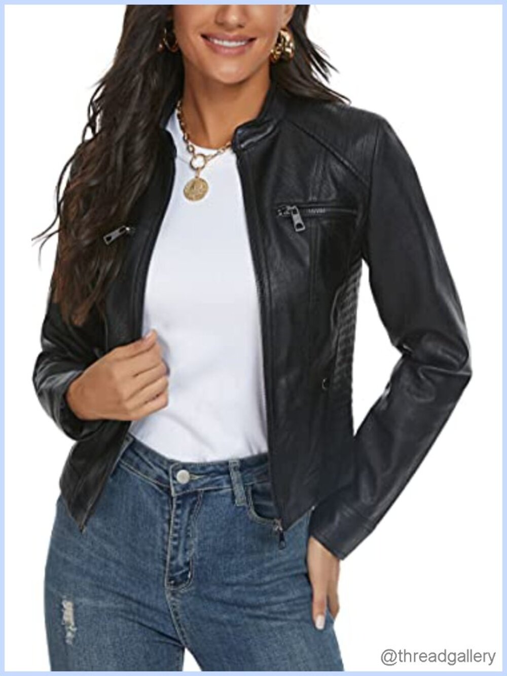 Faux Leather Moto Biker Jacket Stand Collar Lined Women's Coat